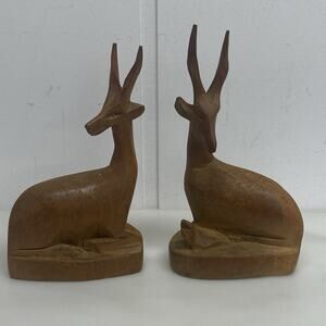 2 Vintage Carved Wood Antelope Gazelle Figures Hand Carved MCM Decor